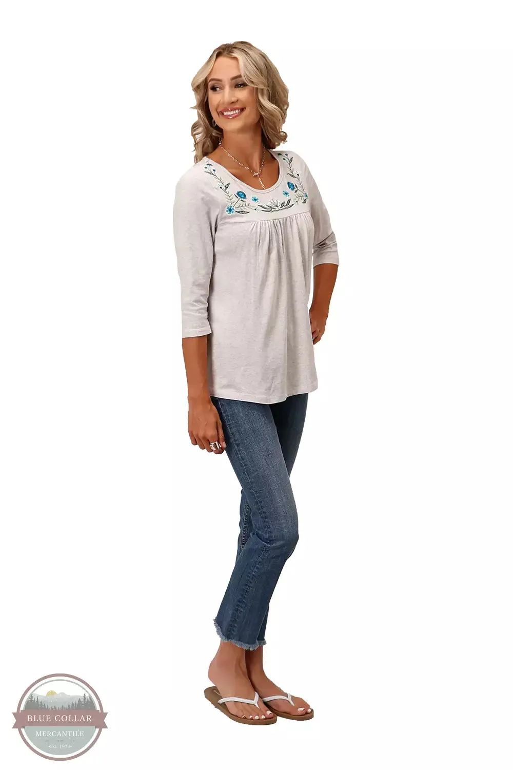 03-038-0513-0578 GY Floral Embroidered 3/4 Sleeve Shirt