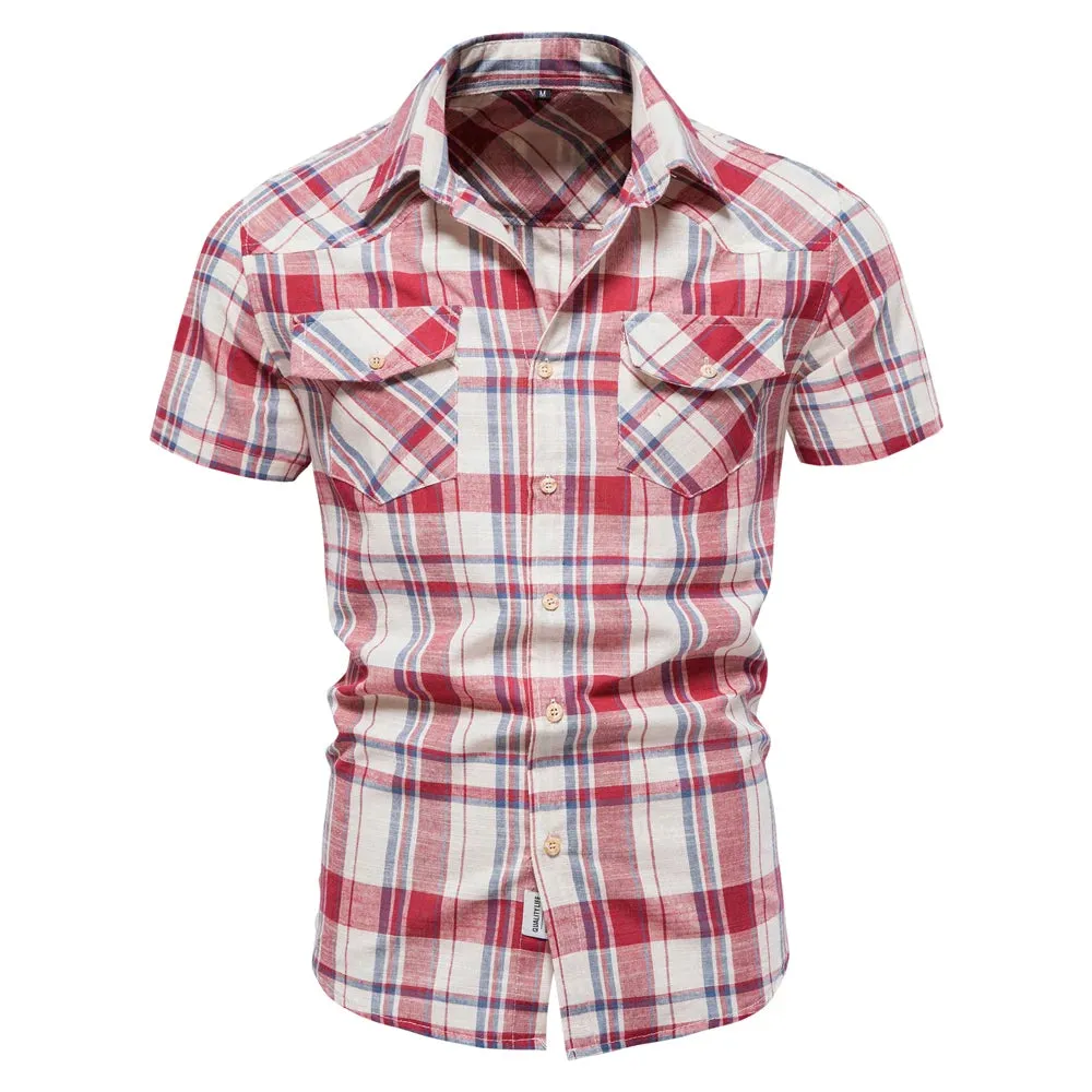 100% Cotton Plaid Shirt Men Fashion Brand Quality Short Sleeve Checkered Social Business Summer  Clothing