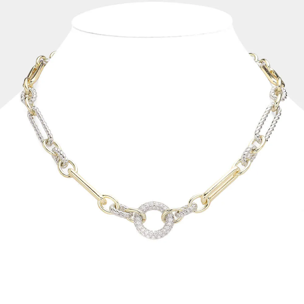 14K Gold Plated CZ Stone Paved Open Circle Pointed Necklace