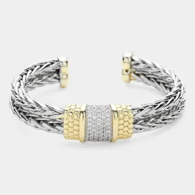 14K Gold Plated Two Tone CZ Braided Cuff Bracelet