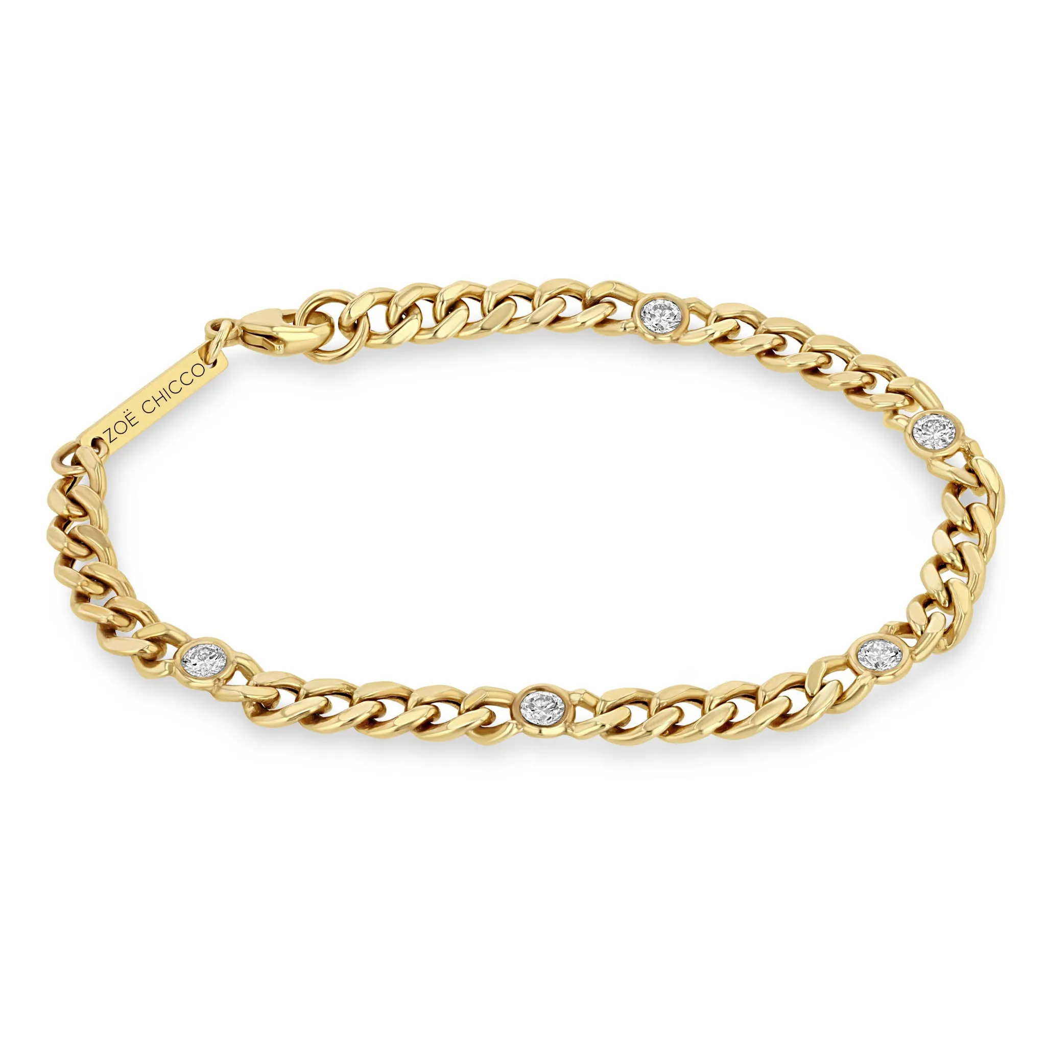 14k Medium Curb Chain Bracelet with 5 Floating Diamonds