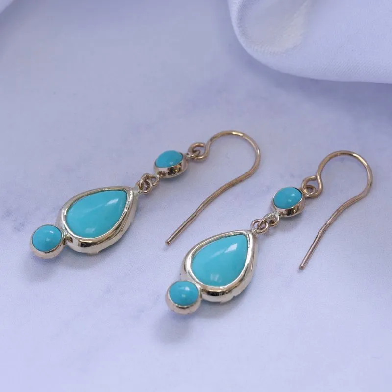 14K Yellow Gold Teardrop Turquoise 7X10mm Dangle Earrings