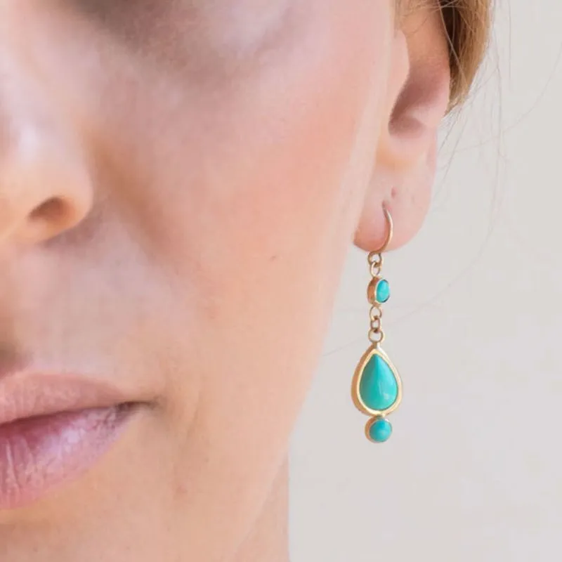 14K Yellow Gold Teardrop Turquoise 7X10mm Dangle Earrings