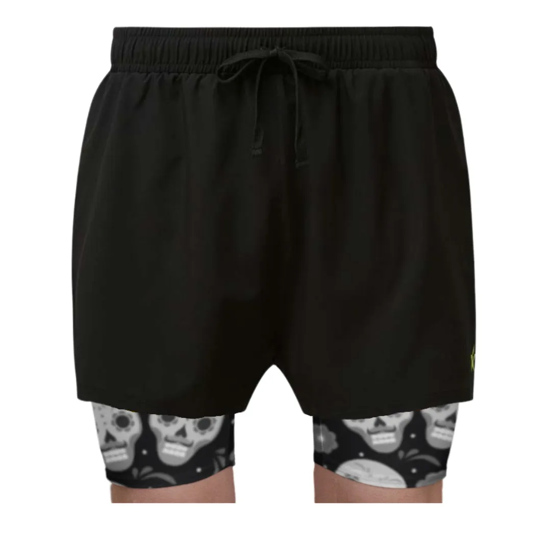 2 in 1 Double Layer Ultra Shorts | Black Skulls