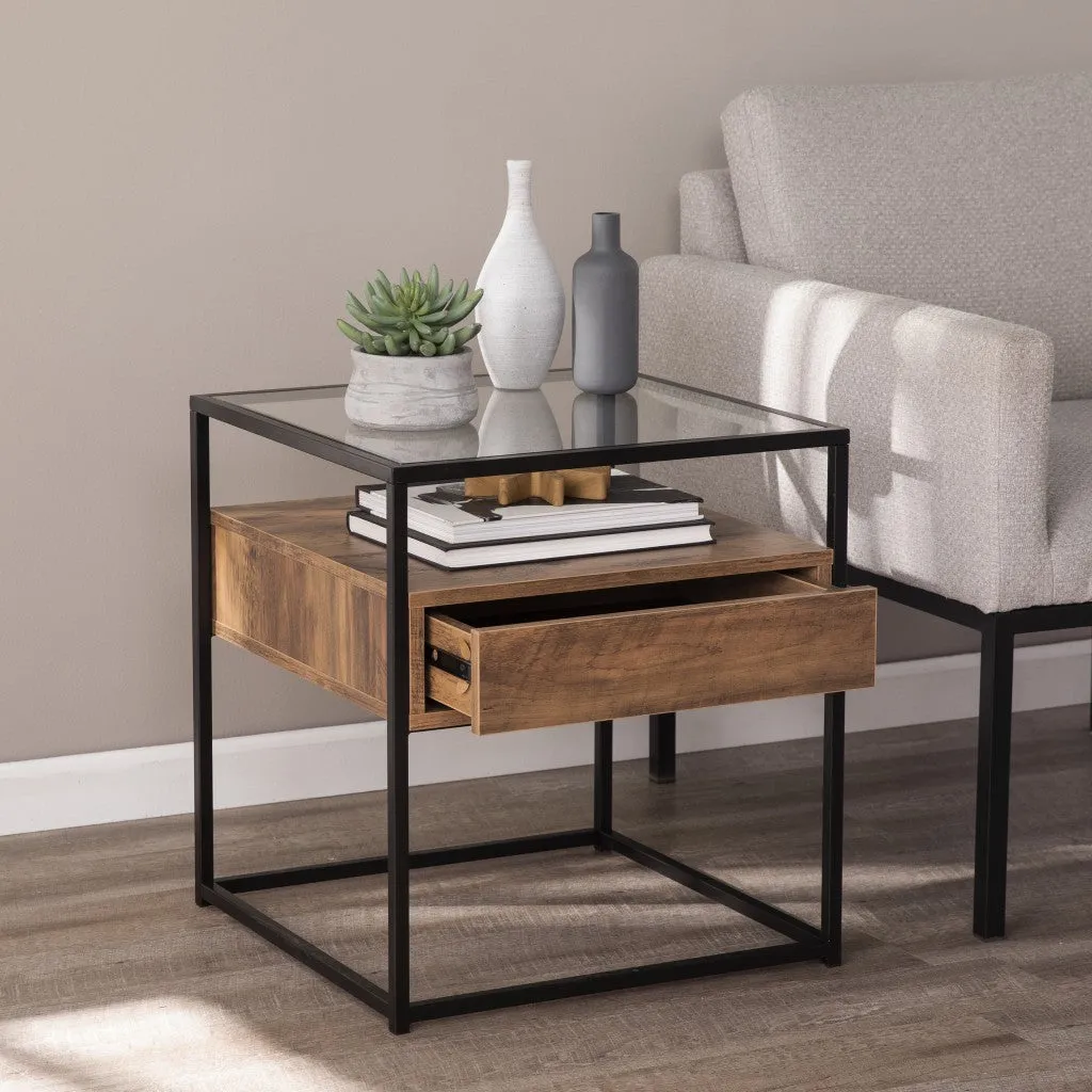 22" Black Glass And Iron Square End Table With Drawer With Shelf By Homeroots