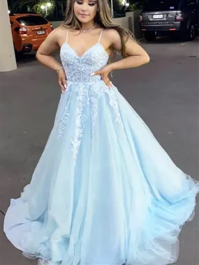 A Line V Neck Backless Light Blue Lace Long Prom Dresses, Light Blue Lace Long Formal Evening Dresses