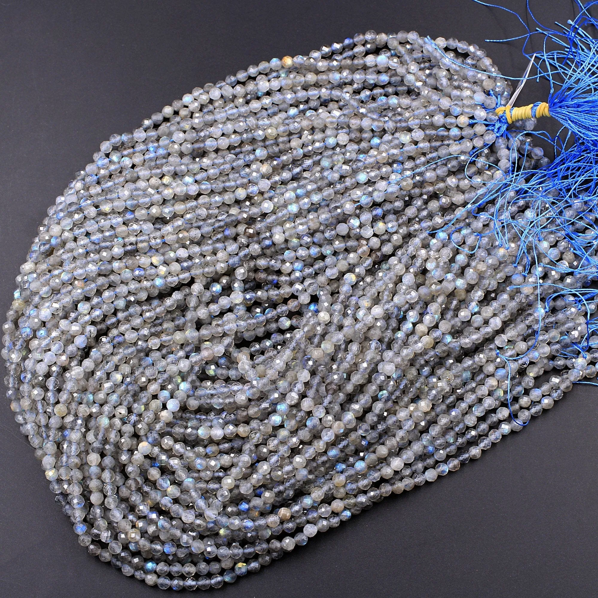 AA Grade Natural Labradorite 3mm 4mm Faceted Round Beads Micro Faceted Flashy Blue Labradorite Gemstone 16" Strand