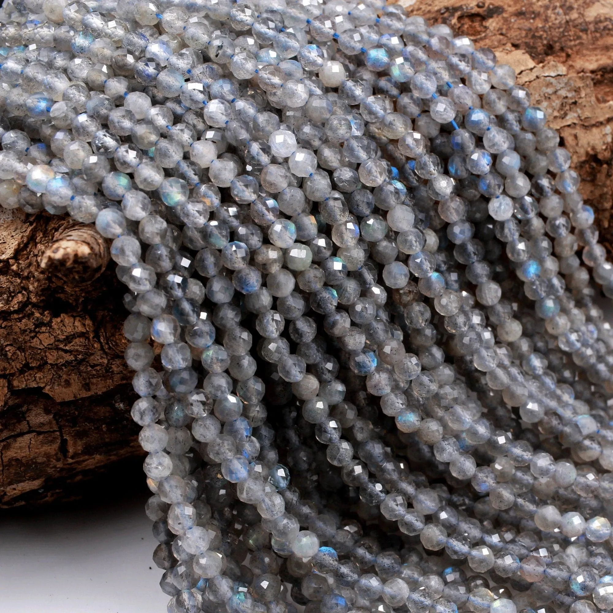 AA Grade Natural Labradorite 3mm 4mm Faceted Round Beads Micro Faceted Flashy Blue Labradorite Gemstone 16" Strand