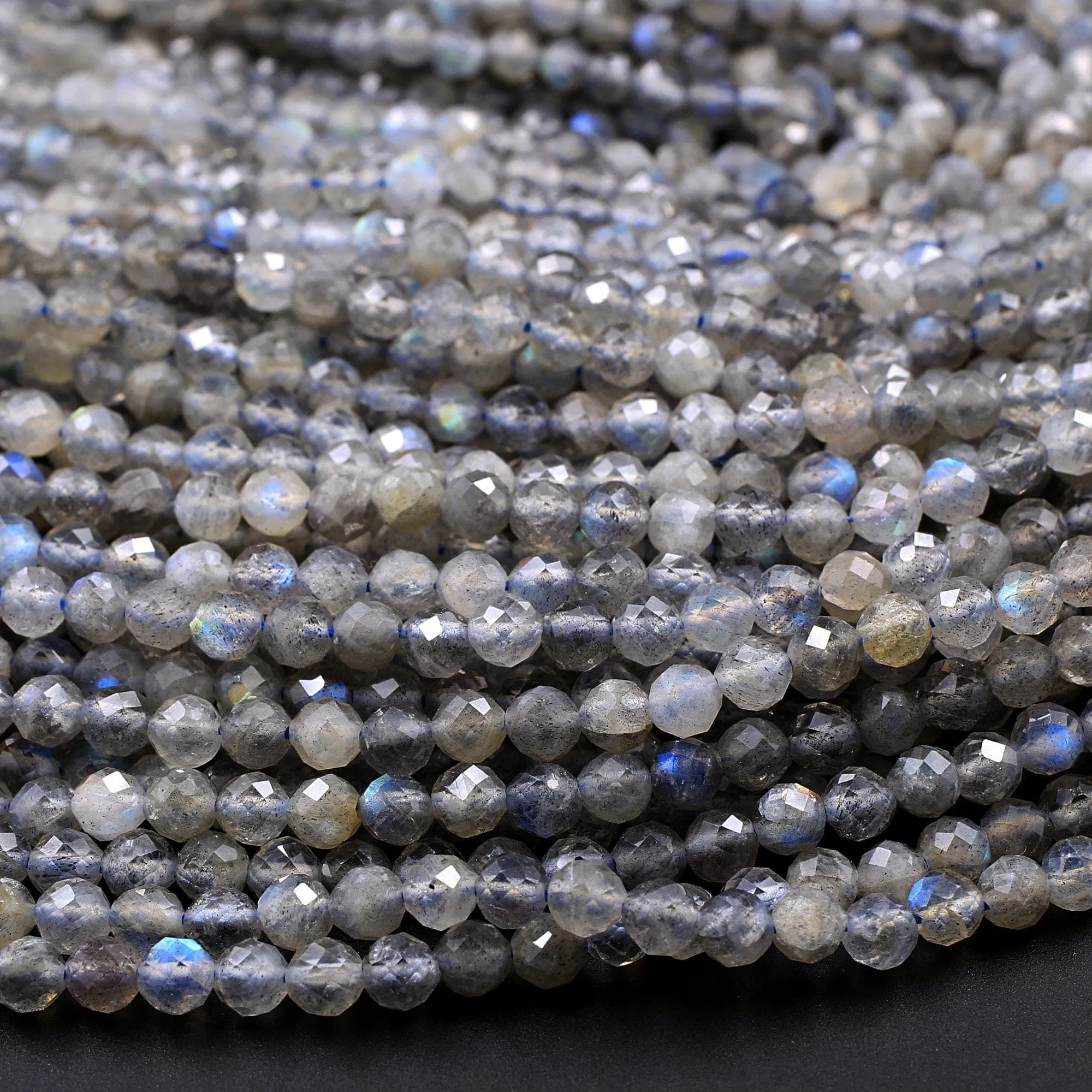 AA Grade Natural Labradorite 3mm 4mm Faceted Round Beads Micro Faceted Flashy Blue Labradorite Gemstone 16" Strand