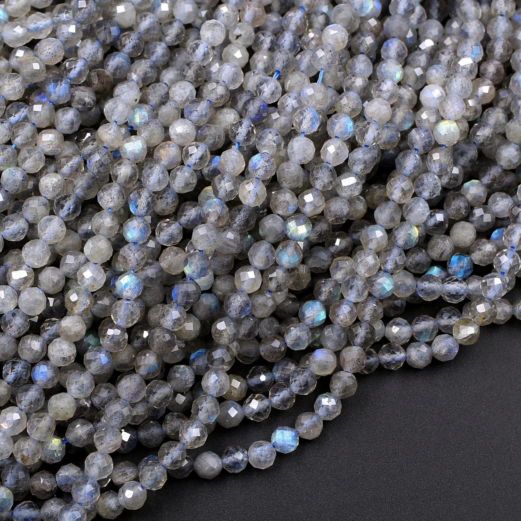 AA Grade Natural Labradorite 3mm 4mm Faceted Round Beads Micro Faceted Flashy Blue Labradorite Gemstone 16" Strand