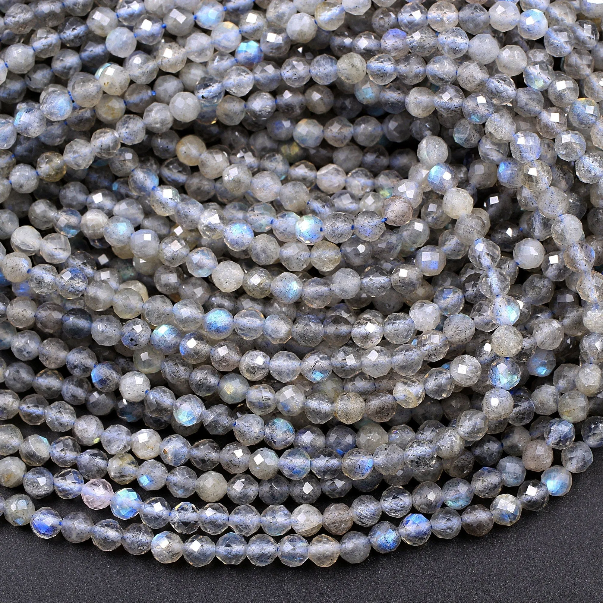 AA Grade Natural Labradorite 3mm 4mm Faceted Round Beads Micro Faceted Flashy Blue Labradorite Gemstone 16" Strand