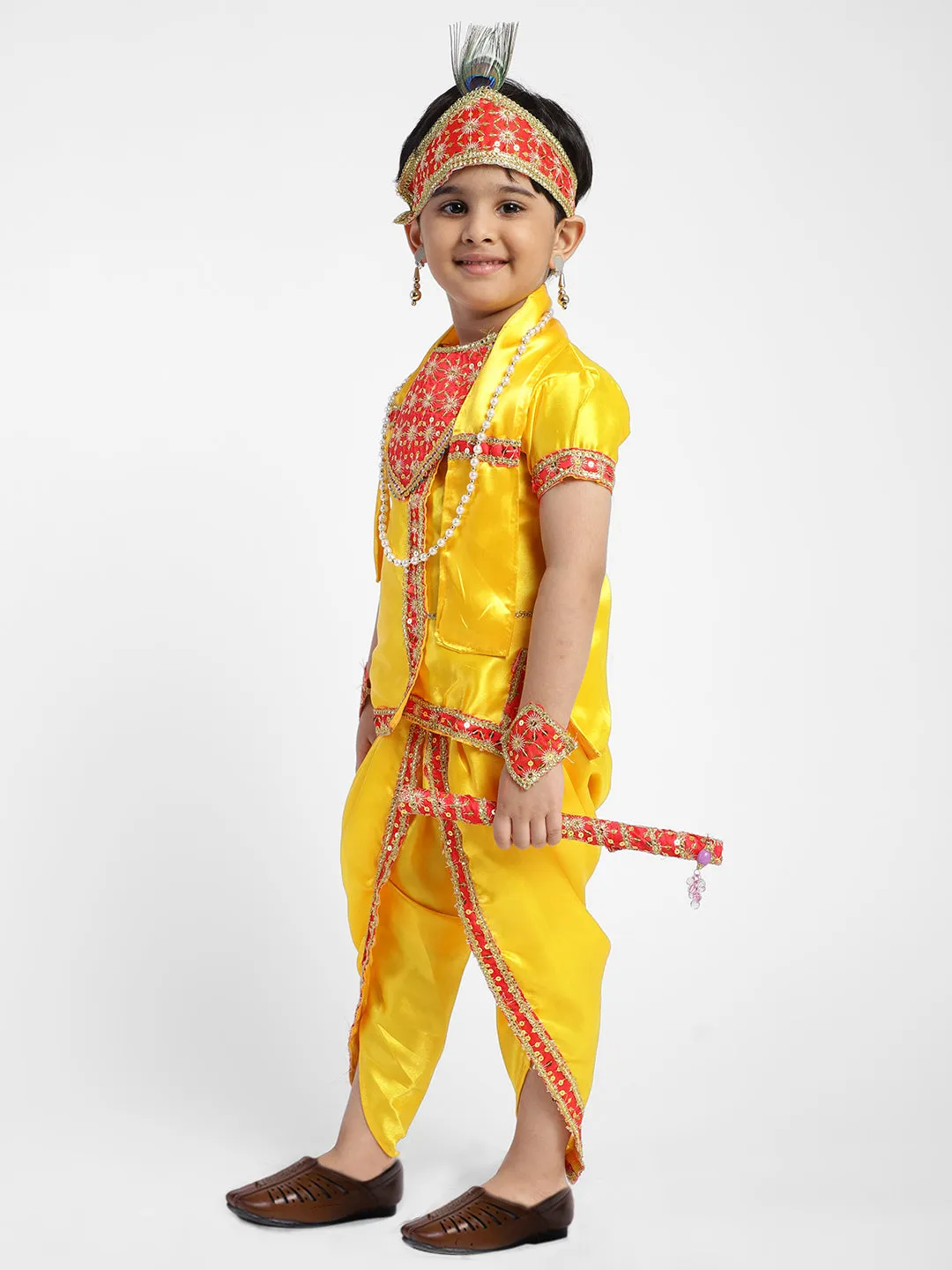 Ahhaaaa Satin Yellow Platinum Krishna Dress Kurta Dhoti with Accessories for Boys