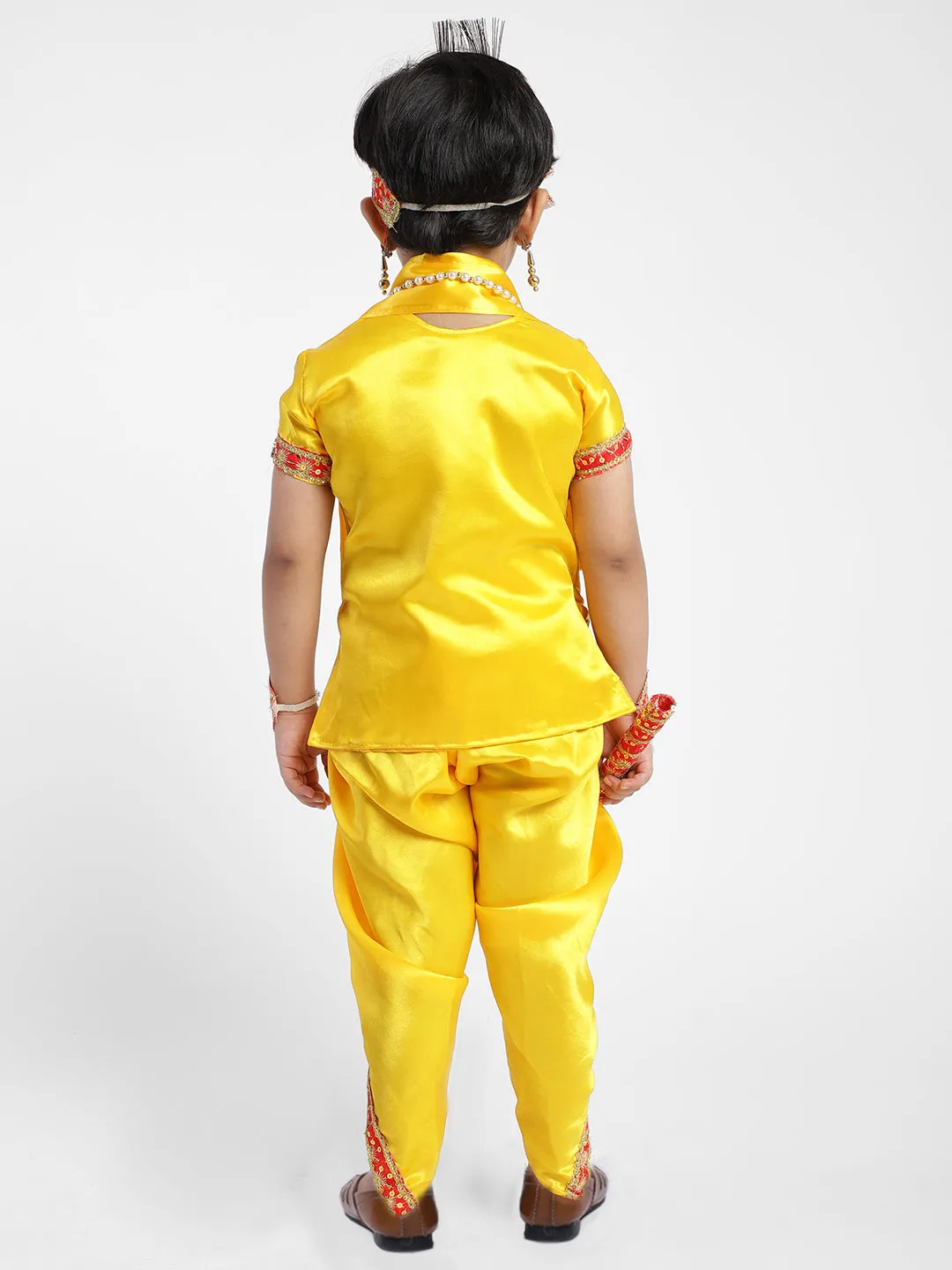 Ahhaaaa Satin Yellow Platinum Krishna Dress Kurta Dhoti with Accessories for Boys