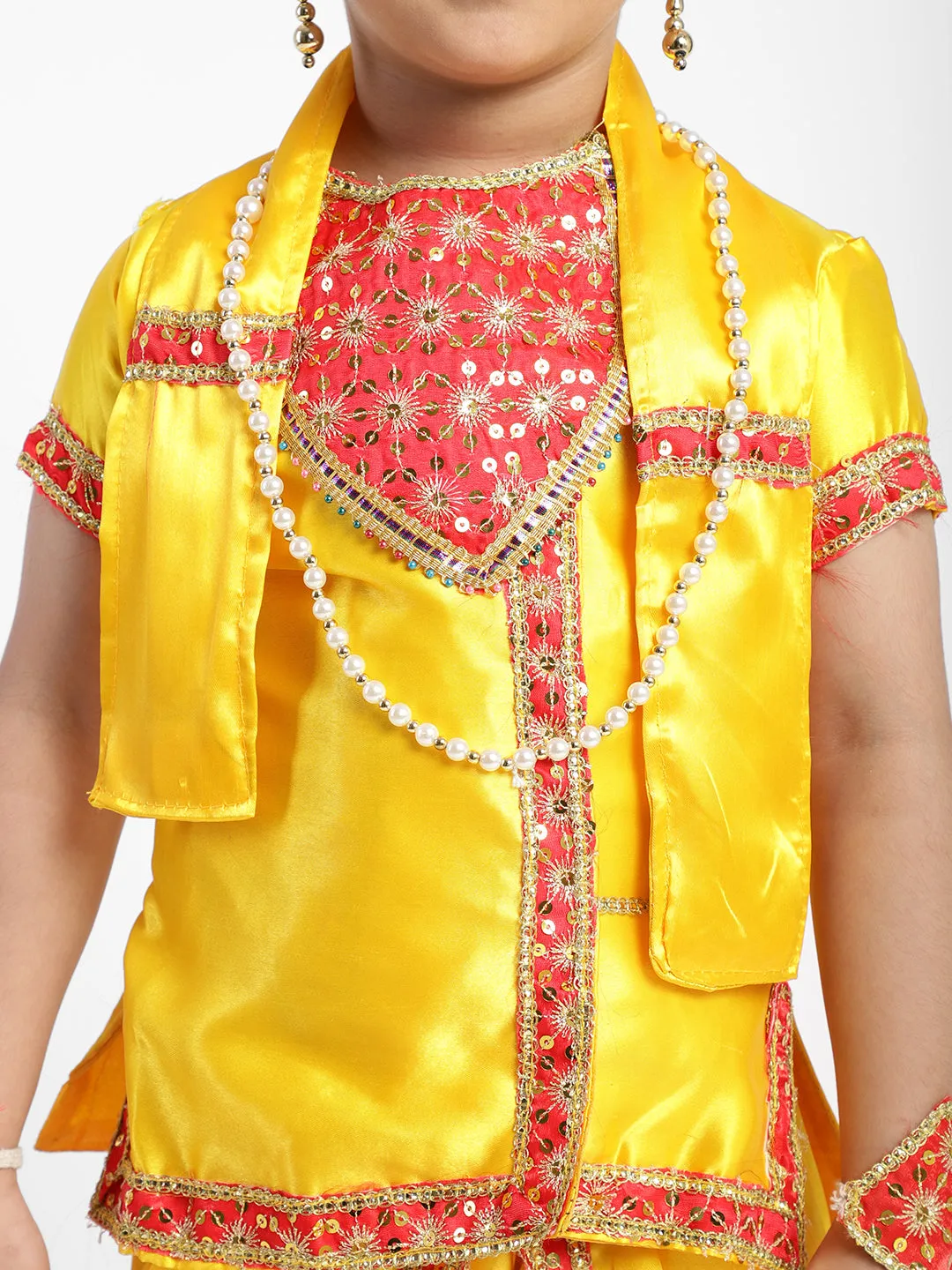 Ahhaaaa Satin Yellow Platinum Krishna Dress Kurta Dhoti with Accessories for Boys