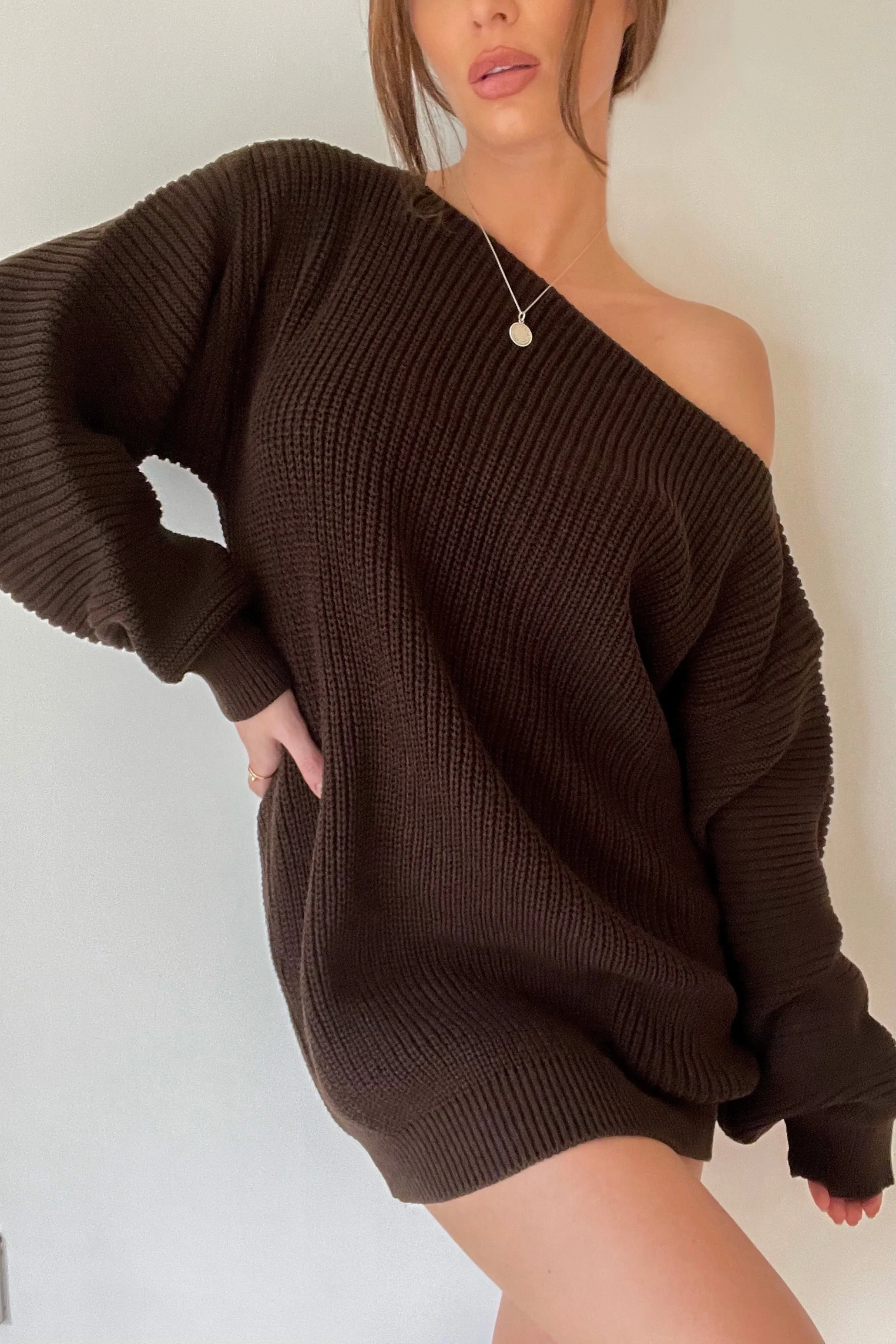 Ariel Chocolate Brown Off The Shoulder Knit Jumper Dress