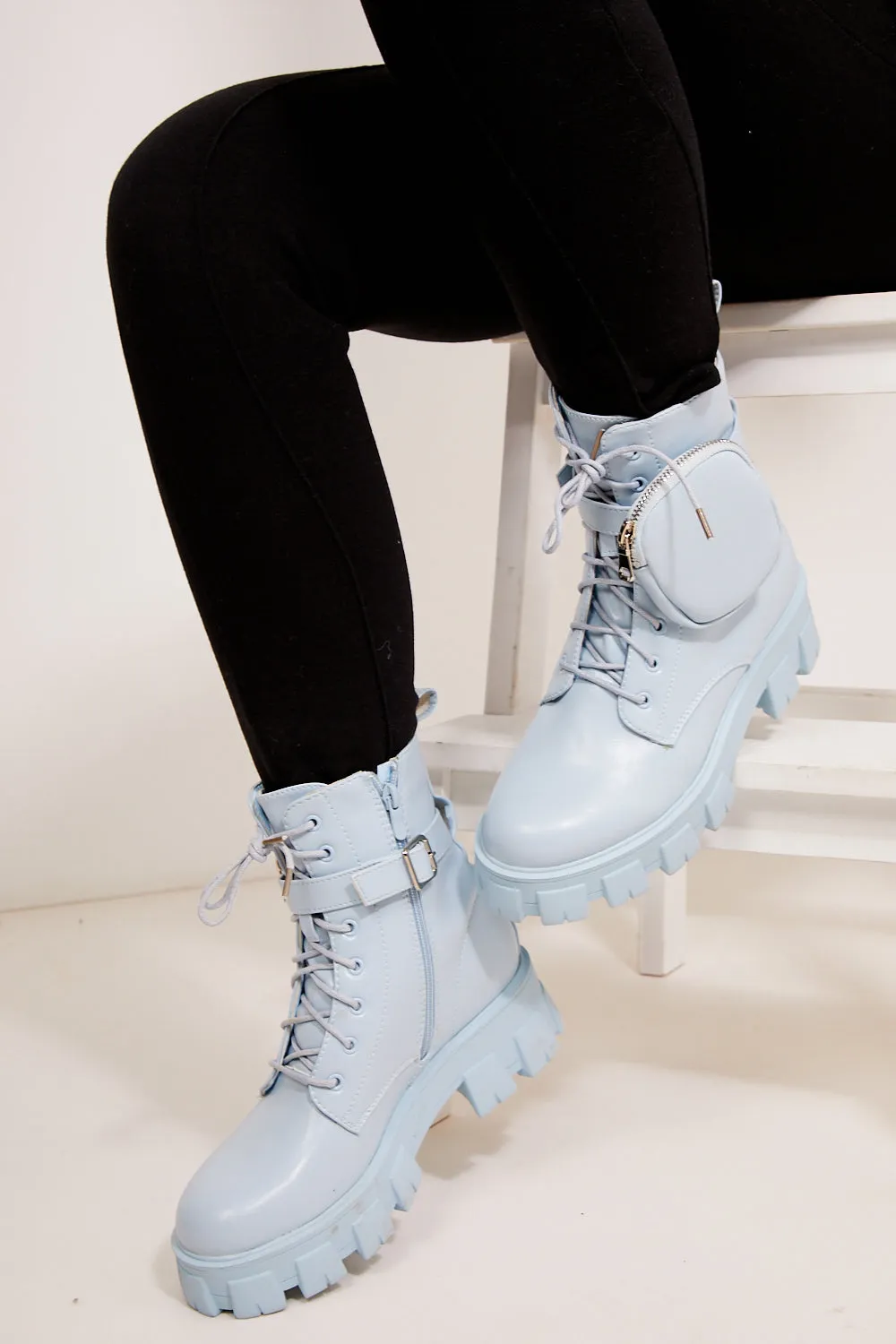 Baby Blue Chunky Pocket Detail Ankle Boots