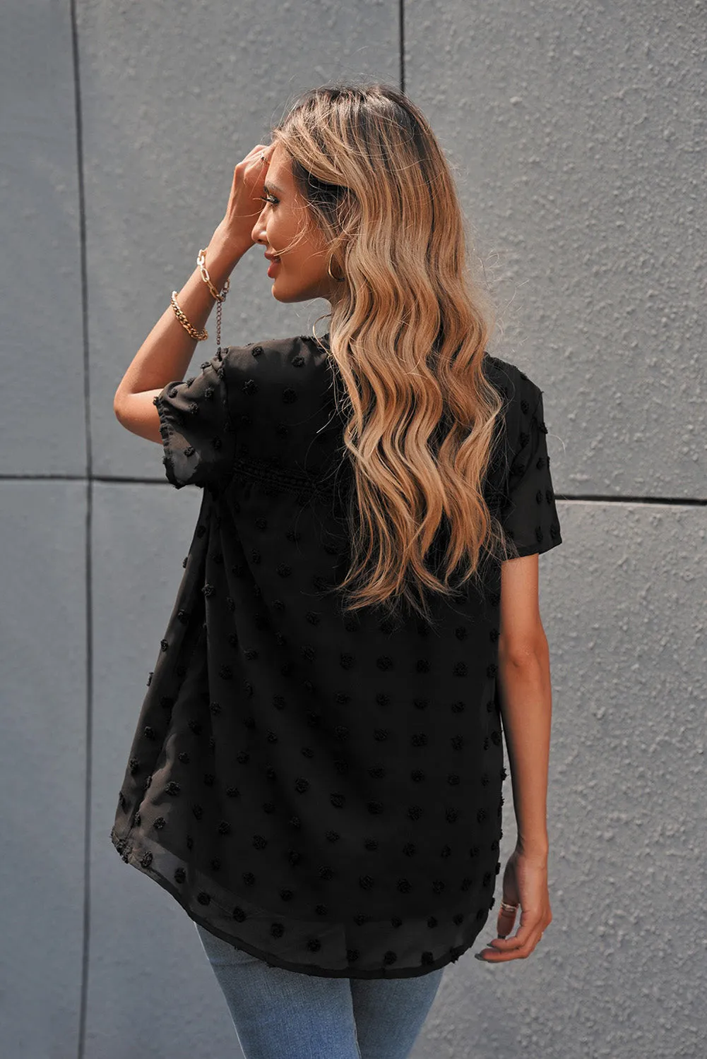 Babydoll Style Black Swiss Dot Short Sleeve Flowy Top