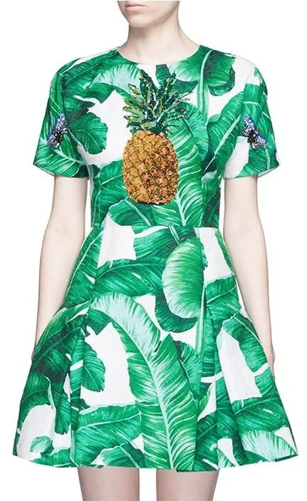 'Banana Leaf' Print Pineapple Embellished Brocade Dress