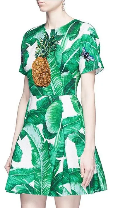 'Banana Leaf' Print Pineapple Embellished Brocade Dress