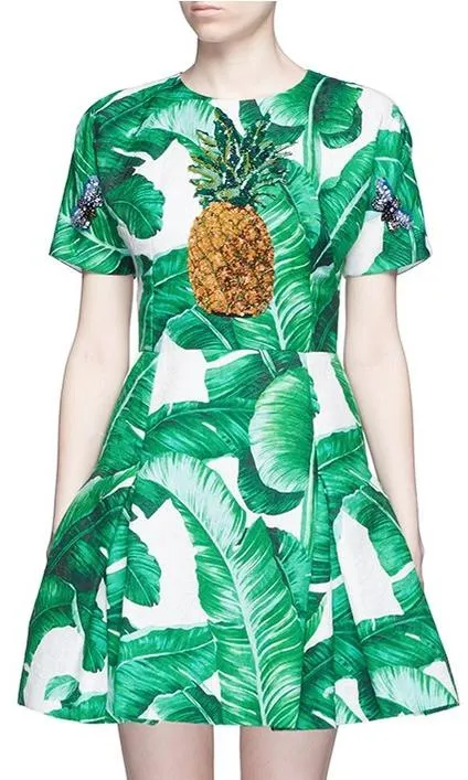 'Banana Leaf' Print Pineapple Embellished Brocade Dress