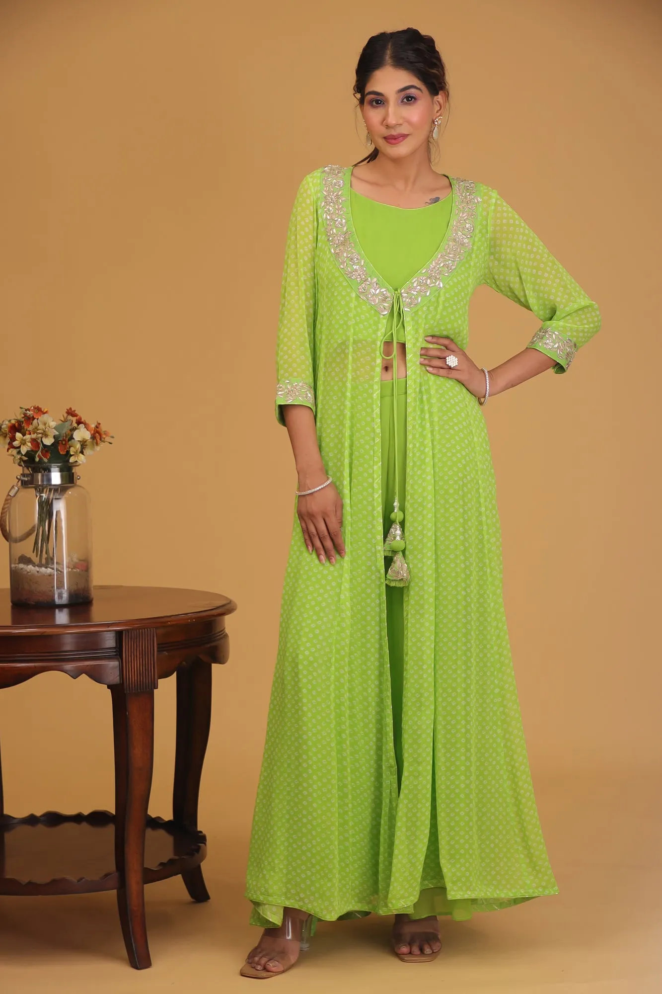 Bandhej Georgette Indowestern with Gota Patti work.