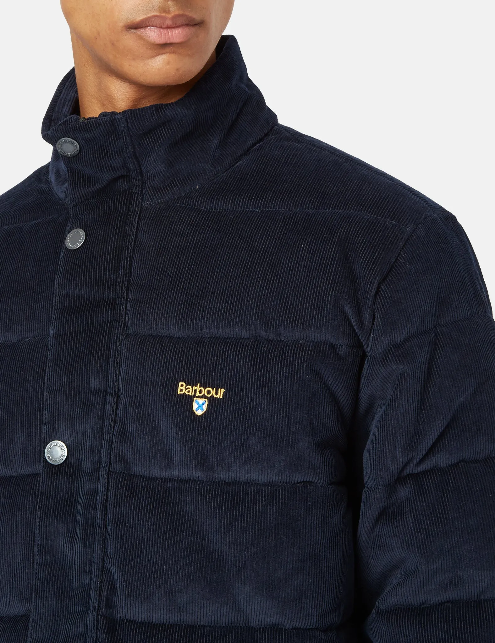 Barbour Crested Baffle Quilt Coat (Cord) - Navy Blue/Ivy Tartan