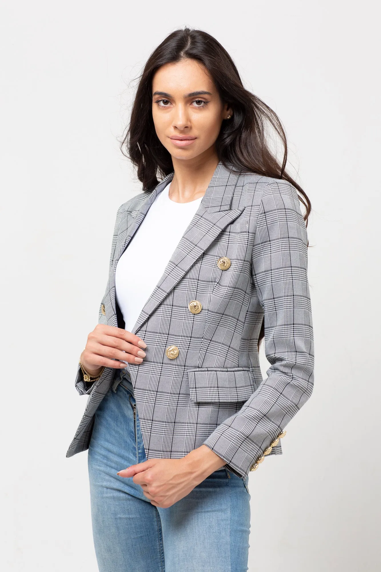 BLACK & WHITE PLAID BLAZER GOLD BUTTONS