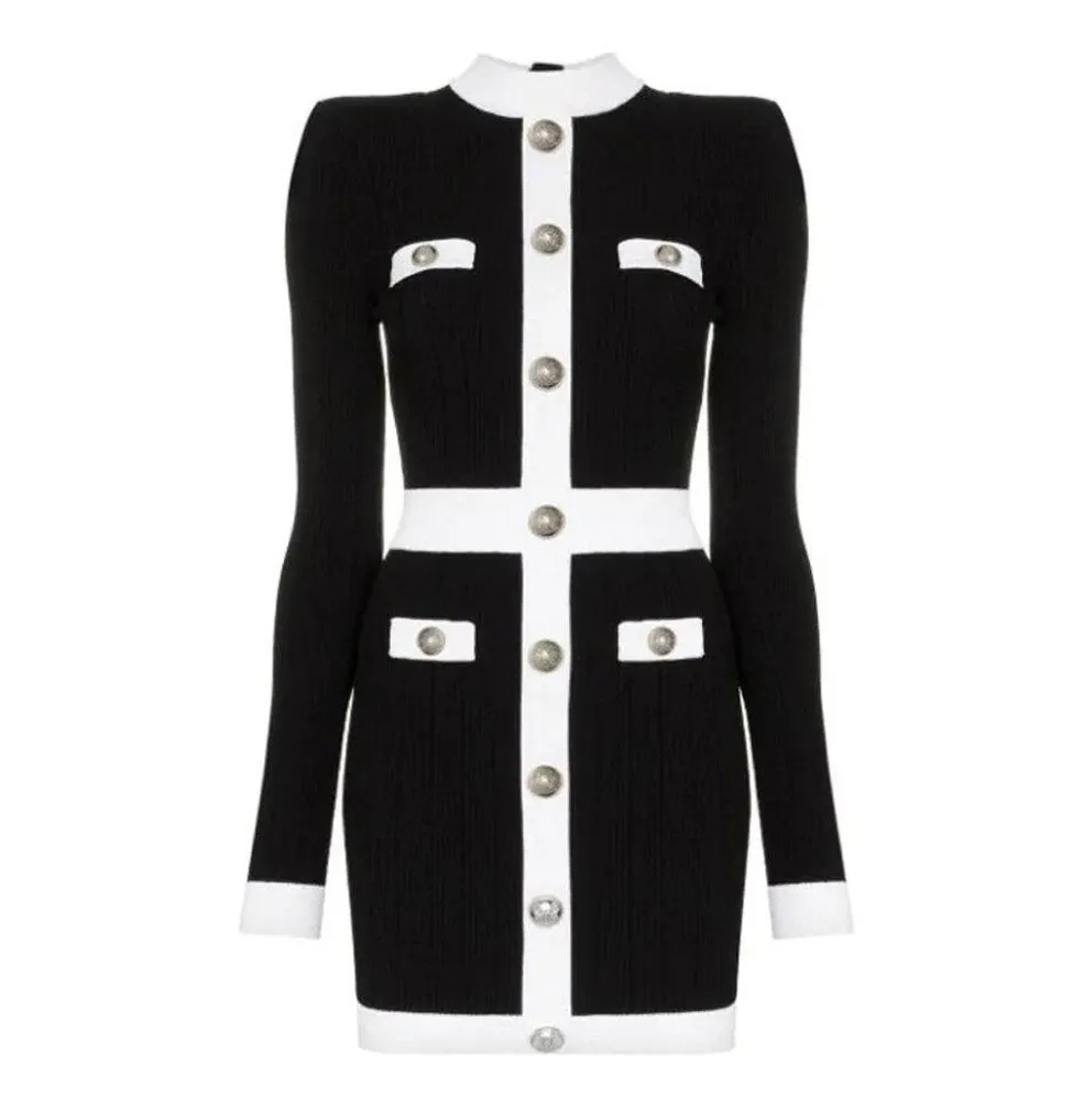 Black & White Silver Buttons Knit Dress