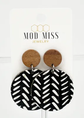 Black & White Tribal Round Cork Leather Earrings