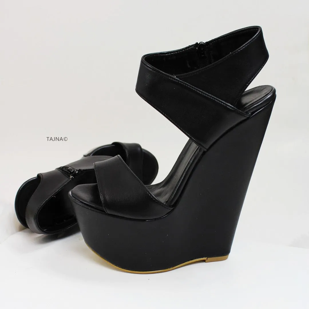 Black Bold Strap 16 cm Heel Wedge Sandals