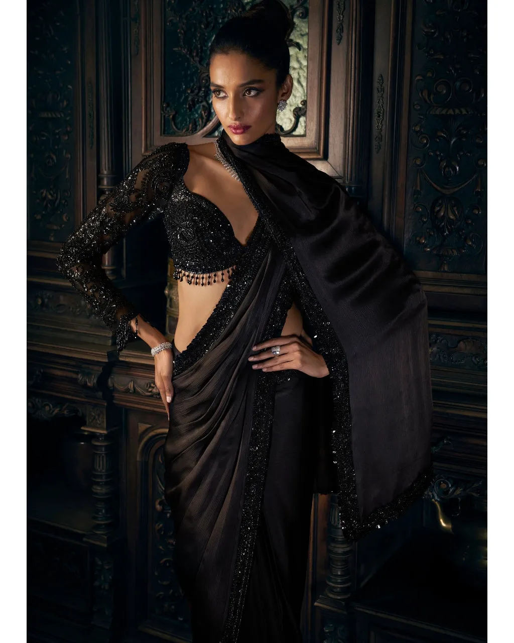 Black Stitched Sari Set