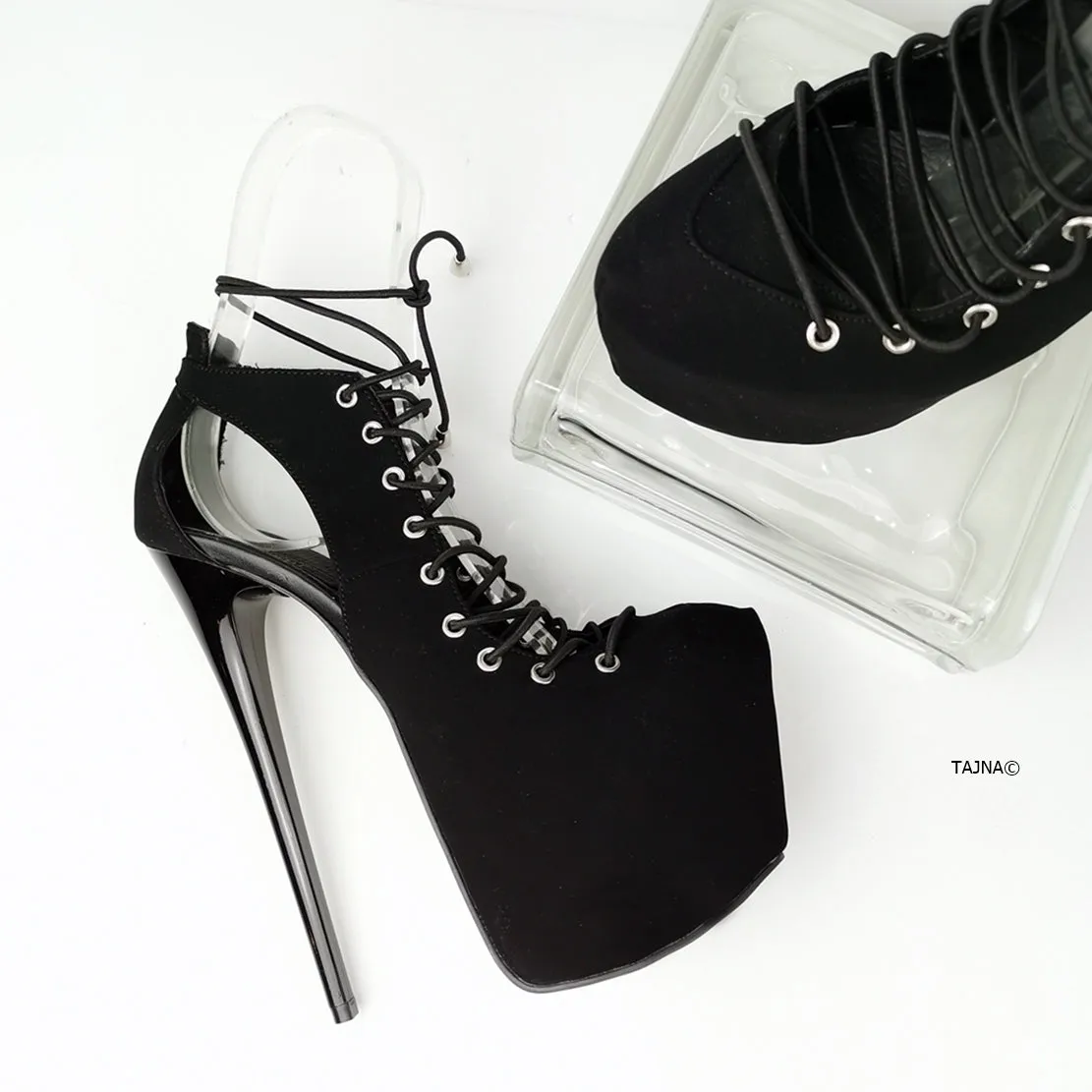 Black Suede Designer Lace Up Heels