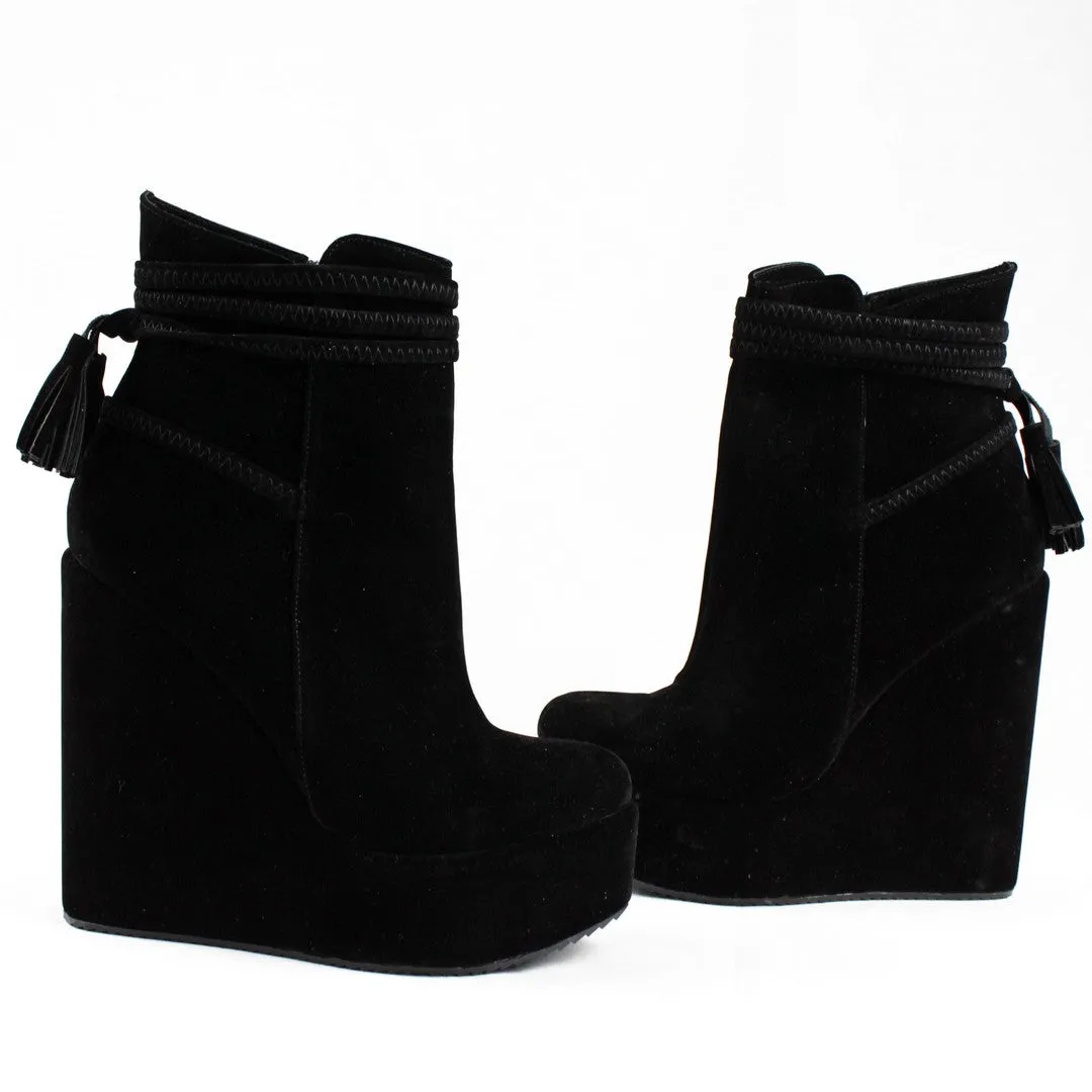 Black Suede Fringe Wedge Booties