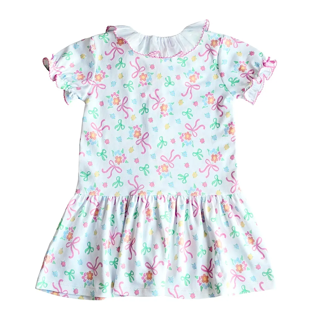 Bows and Flowers Girls Dropped Waist Dress Pima Cotton