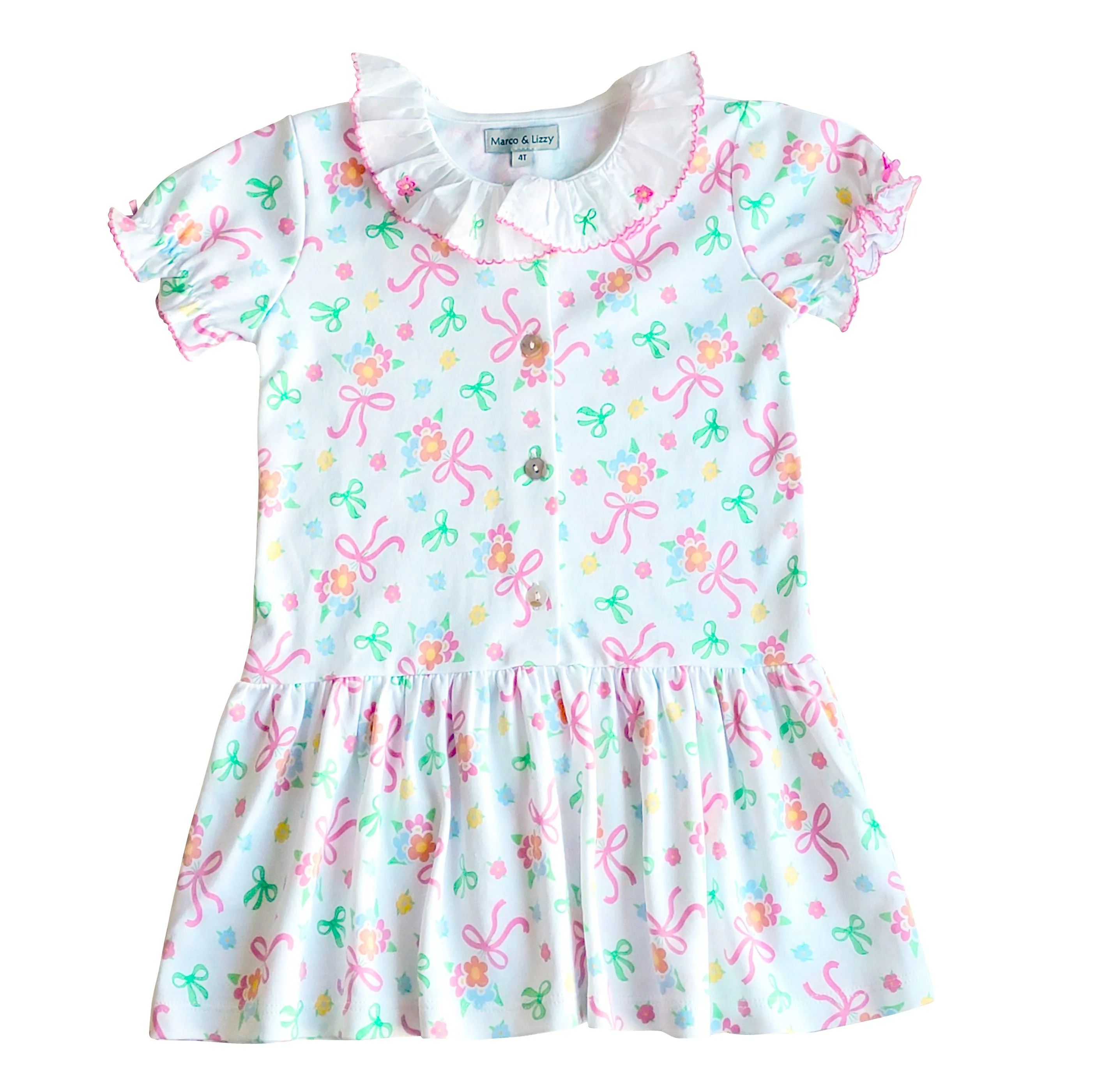 Bows and Flowers Girls Dropped Waist Dress Pima Cotton