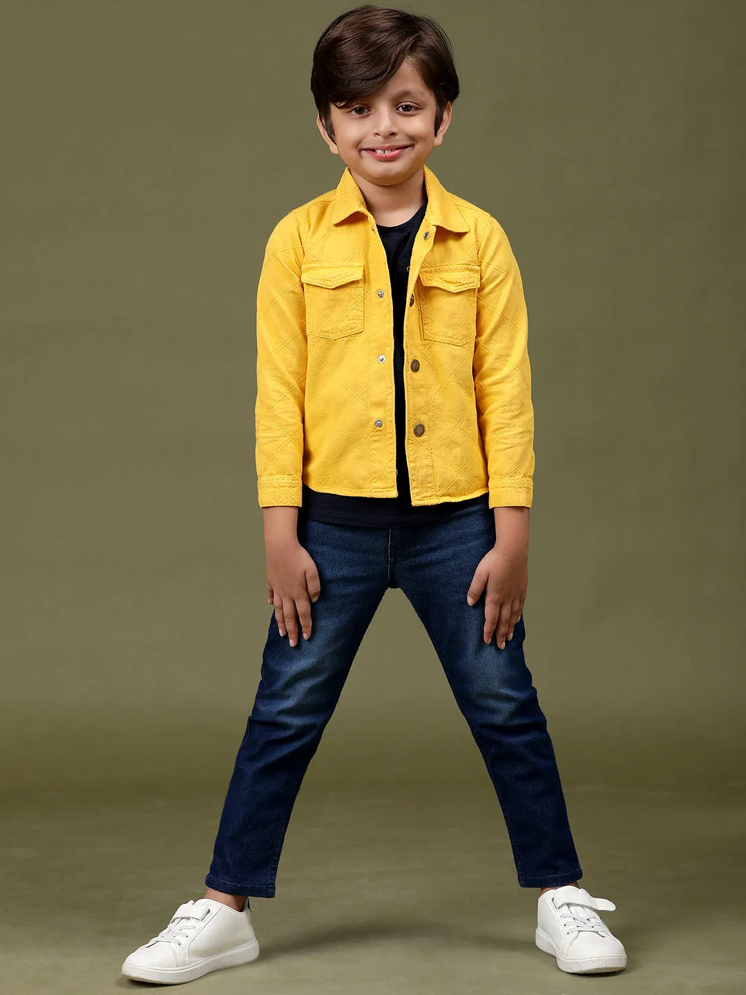 Boys & Girls Yellow Cotton Regular Fit Embroidered Shacket