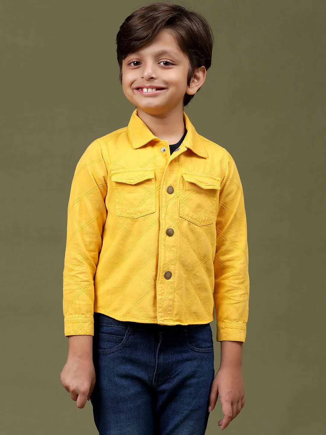 Boys & Girls Yellow Cotton Regular Fit Embroidered Shacket