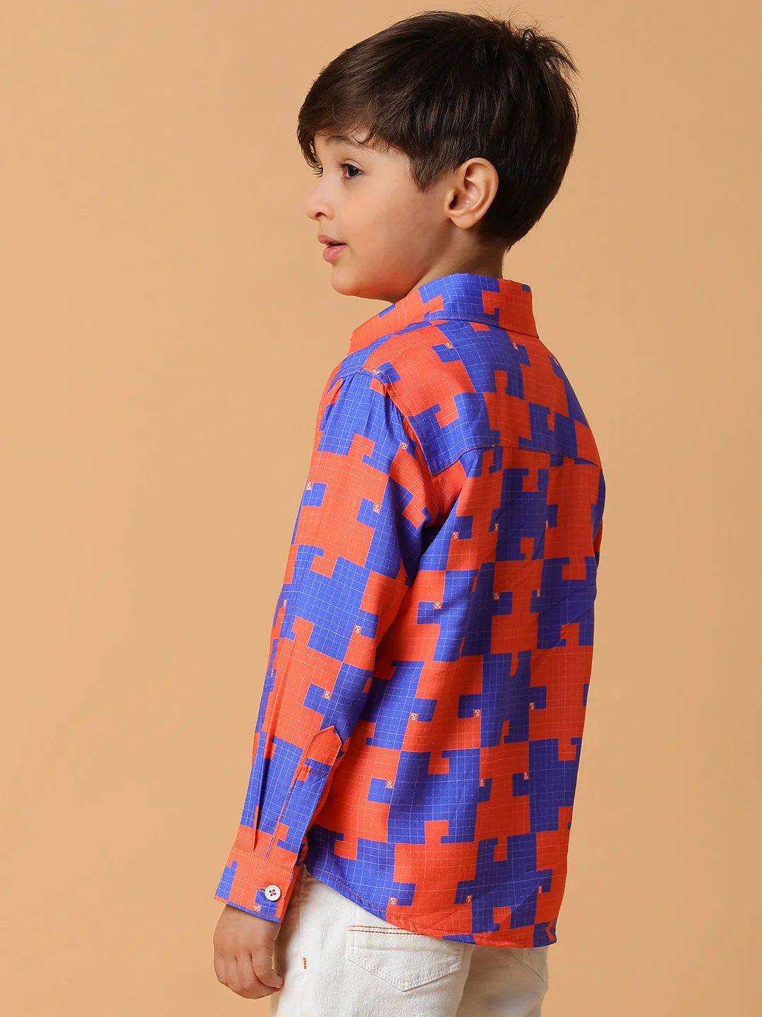 Boys Orange & Blue Printed Shirt