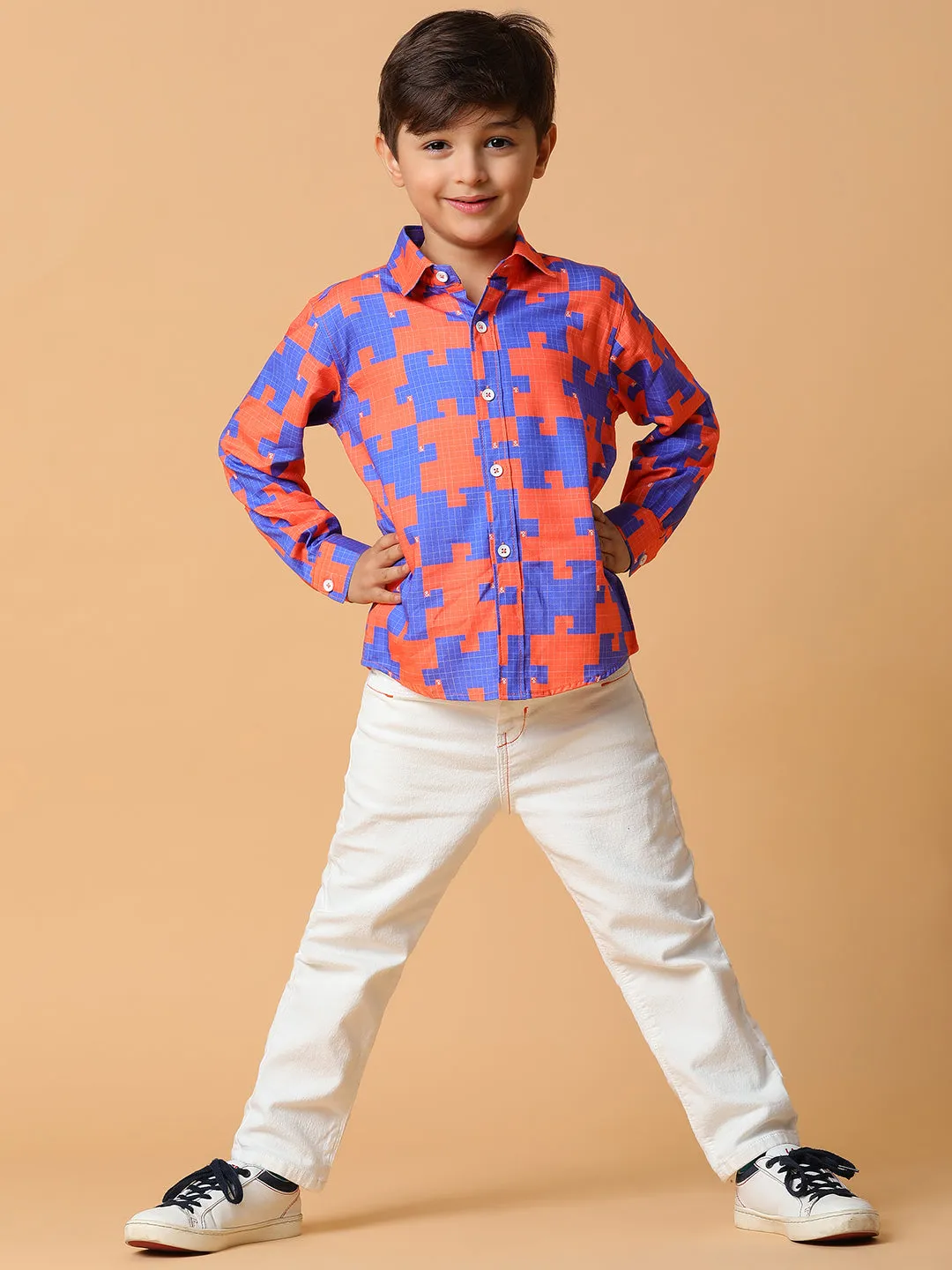 Boys Orange & Blue Printed Shirt