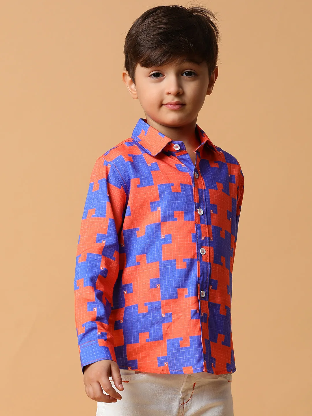 Boys Orange & Blue Printed Shirt