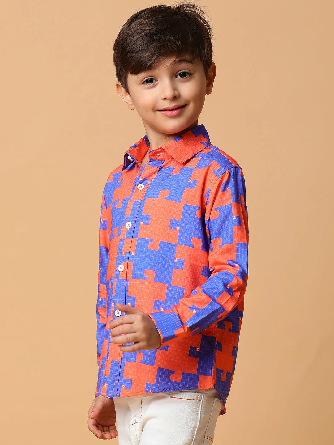 Boys Orange & Blue Printed Shirt