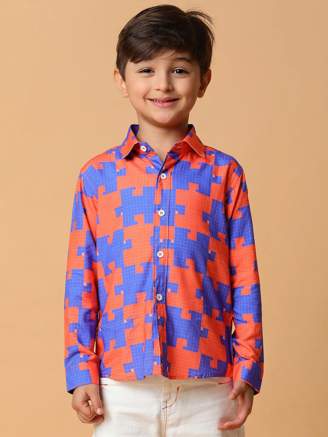 Boys Orange & Blue Printed Shirt