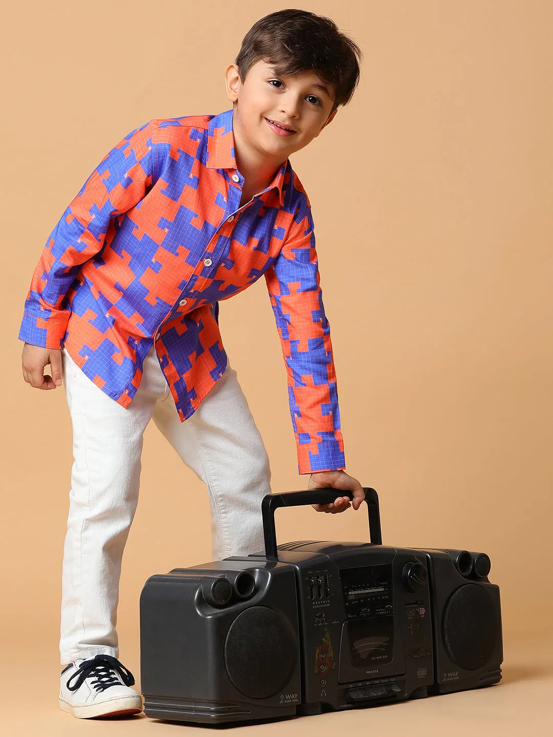 Boys Orange & Blue Printed Shirt