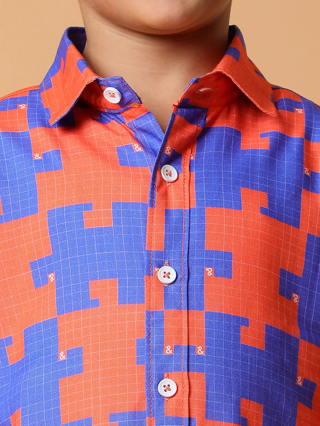 Boys Orange & Blue Printed Shirt