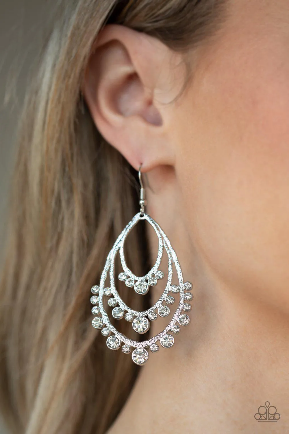 Break Out In TIERS White Rhinestone Teardrop Earrings - Paparazzi Accessories