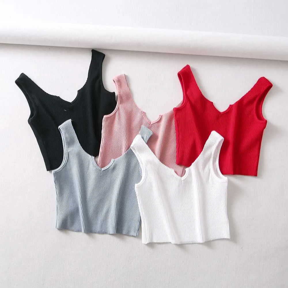 Breathable Ribbed Cotton V Cut Crop Top Sleeveless