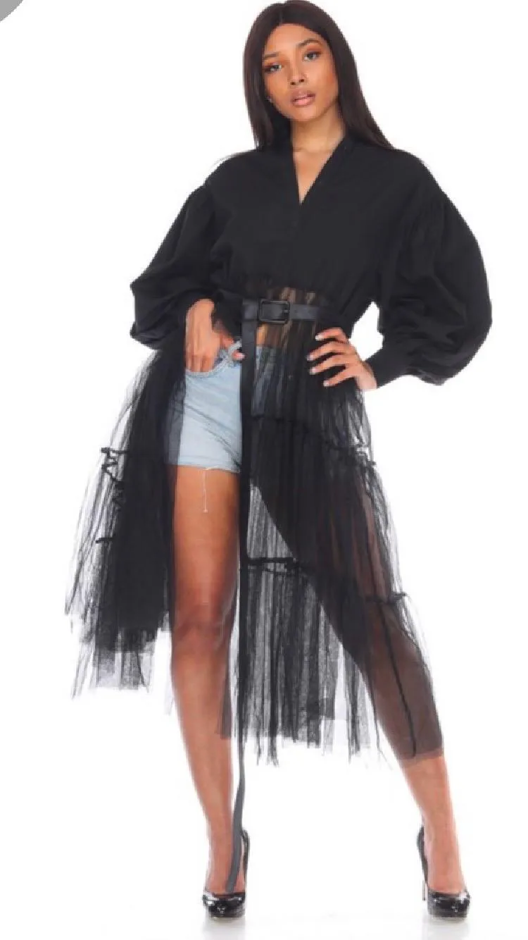 Button Front Tulle Top- Black