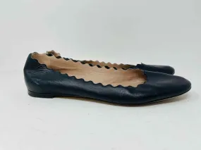 Chloe Size 12 Black Scalloped Leather Designer Flats