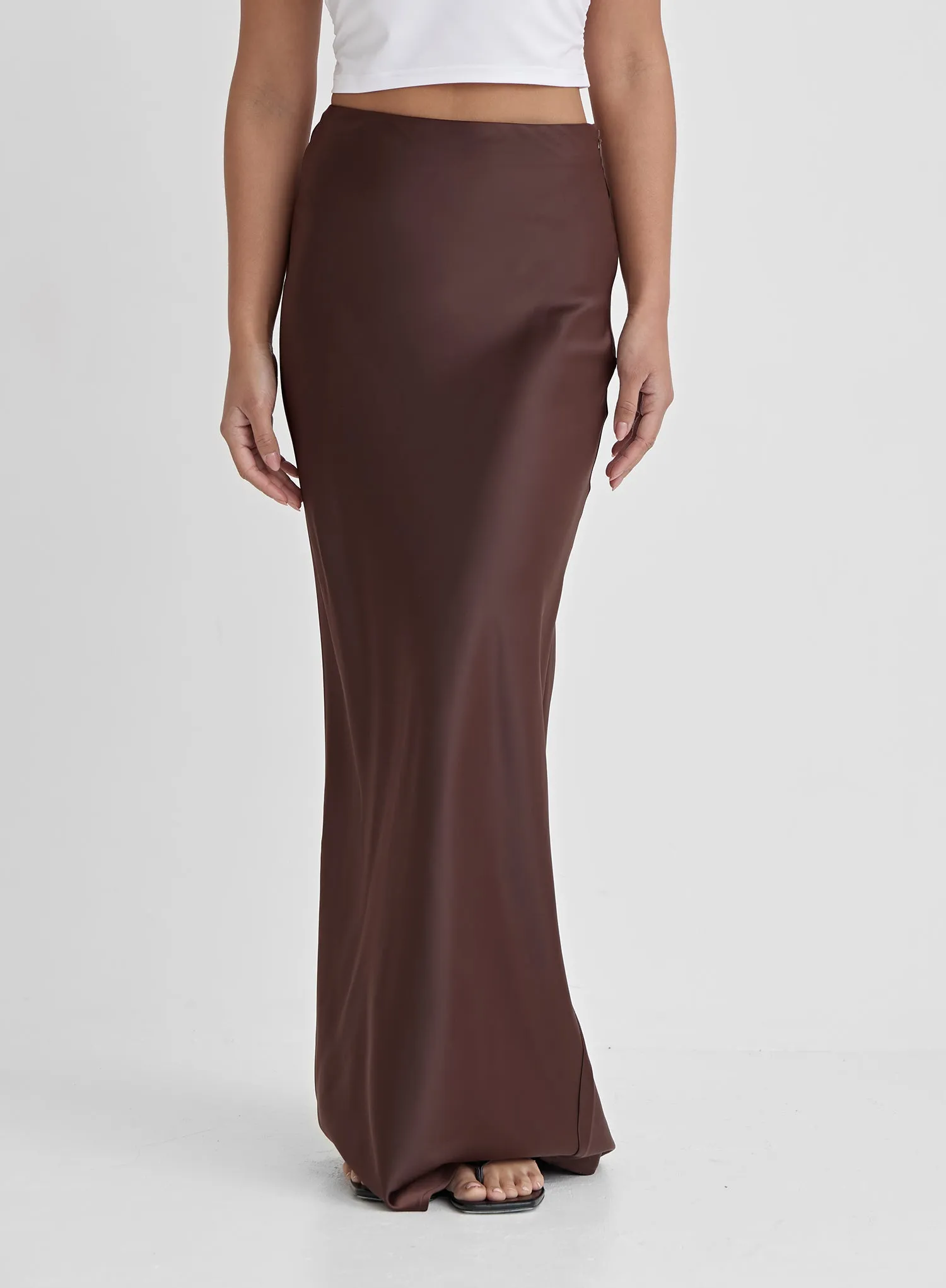 Chocolate Brown Satin Maxi Skirt- Novah