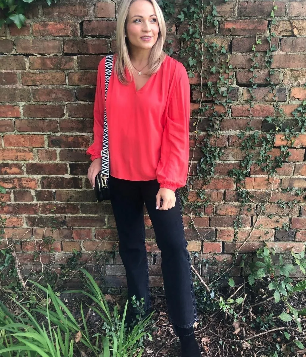 Coral Collarless Popover Blouse